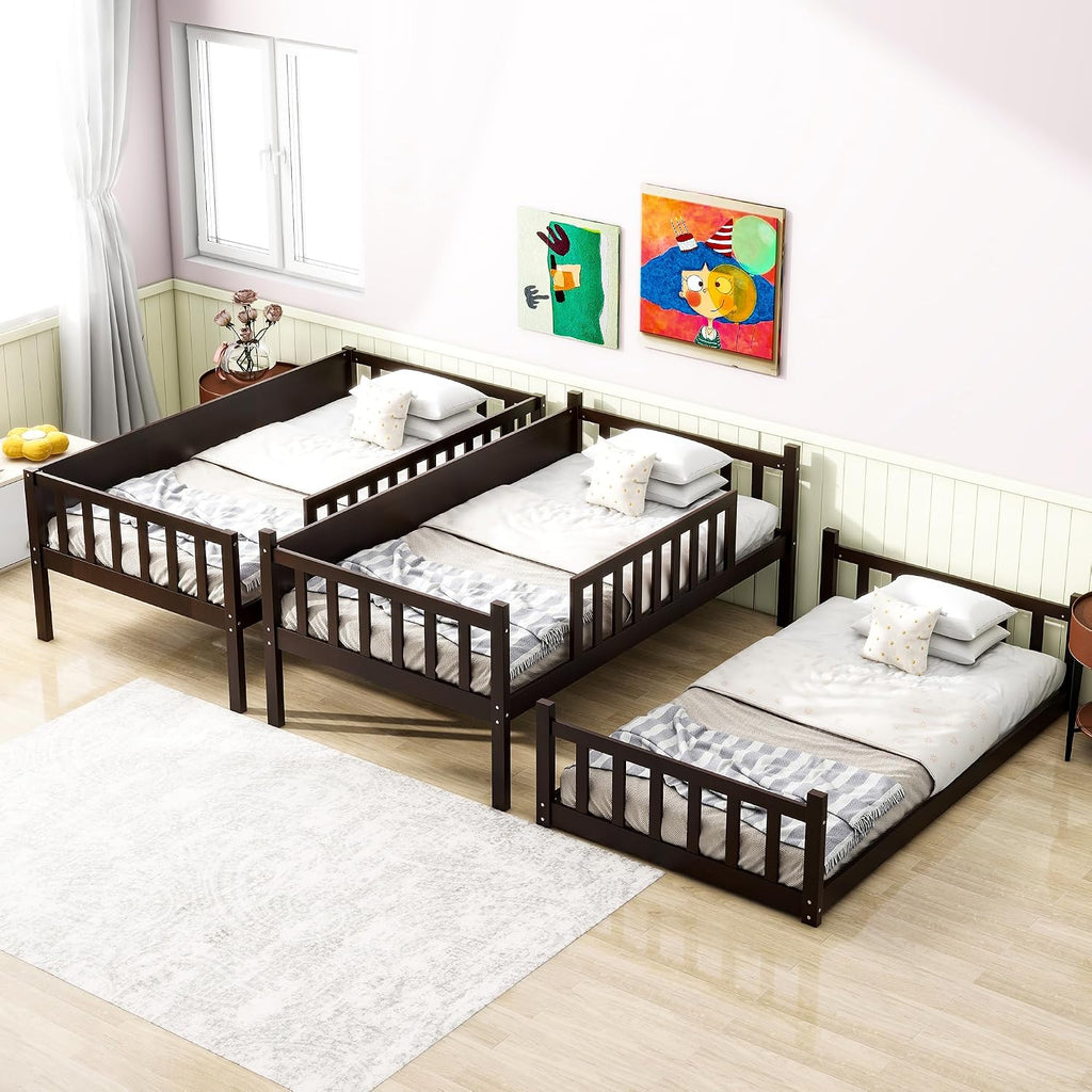 Twin Size Triple Rubber Wood Bunk Bed, Detachable Bunk Bed with Ladders, Guardrails, Twin Over Twin Over Twin for Kids, Espresso