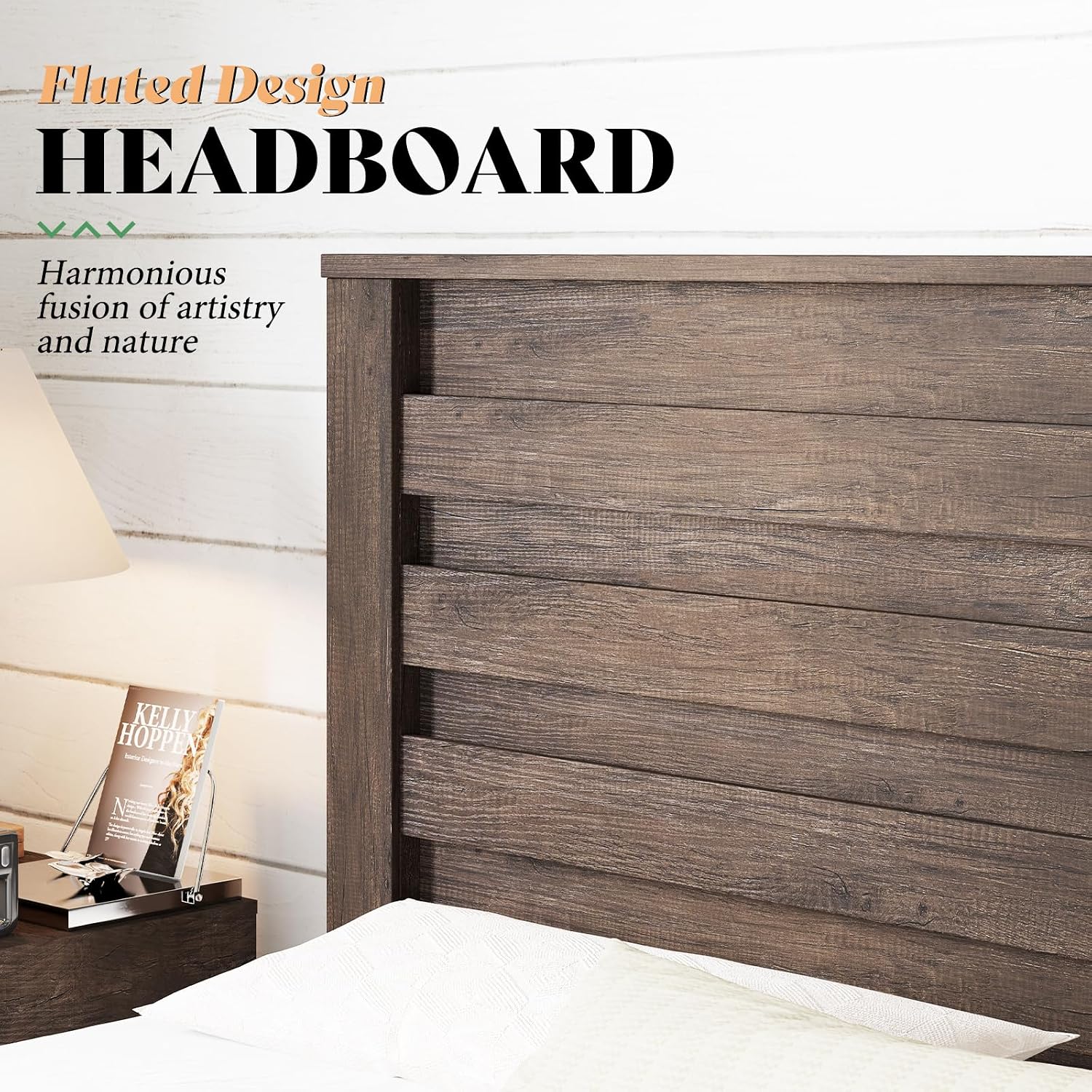 AMERLIFE Farmhouse Full Size Bed Frame with 49' Fluted Headboard, Platform Bed with Natural Wood Grain, No Box Spring Needed/Noise Free, Grey