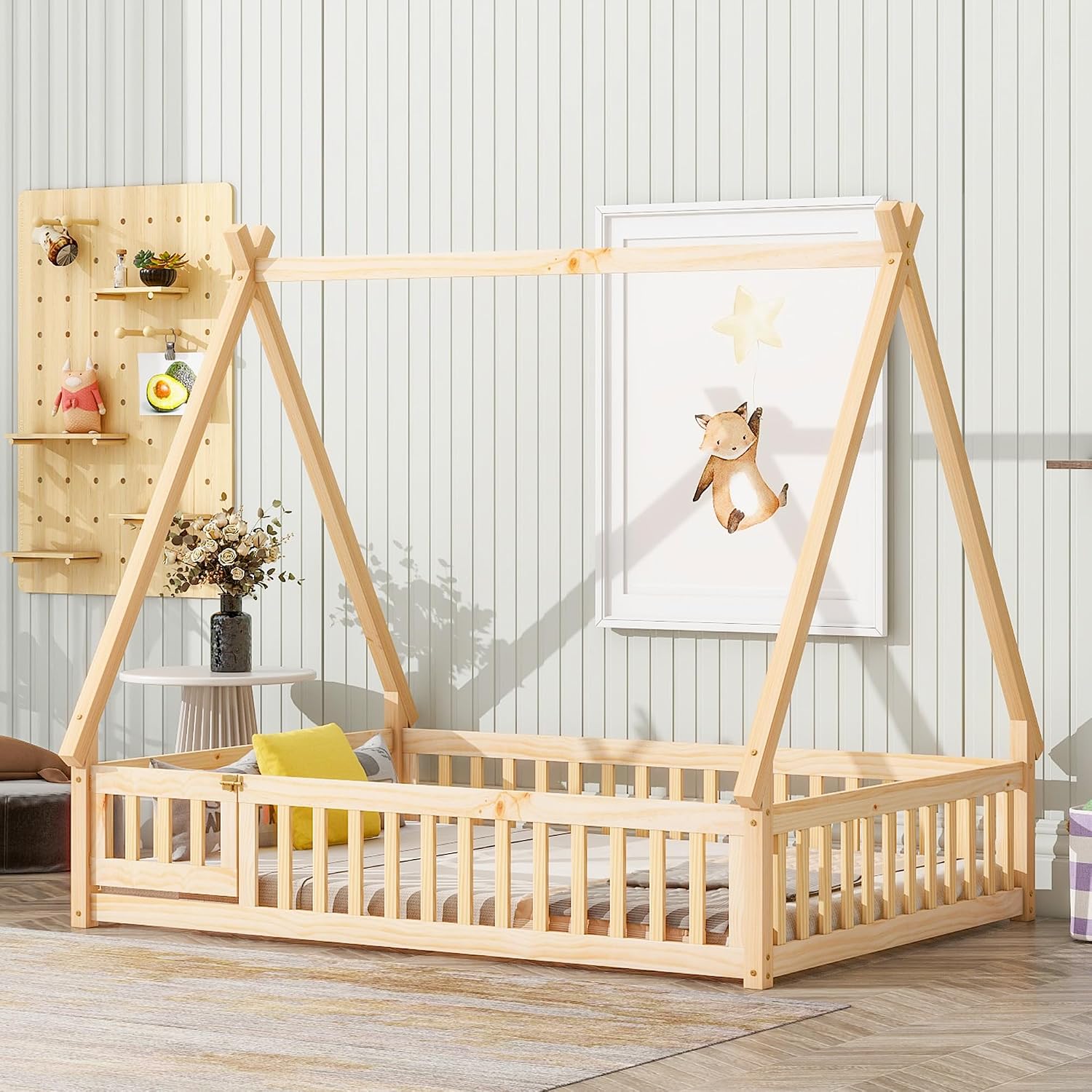 Full Size Tent-Shaped Floor Bed with Door, House Platform Bed Tent Bed Frame with Fence-Shaped Guardrails and Wood Slats Support, Wood Floor Play House Bed for Kids Boys Girls Teens (Natural,2)