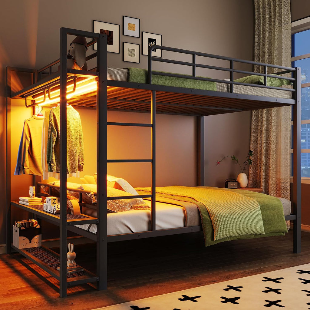 Metal Bunk Bed with Storage Mesh Shelves and Clothes Hooks, Open Storage Shelves, Full Size Bunk Bed with Full-length Reinforced Guardrails for Teens and Adults, No Box Spring Needed (Black//96)
