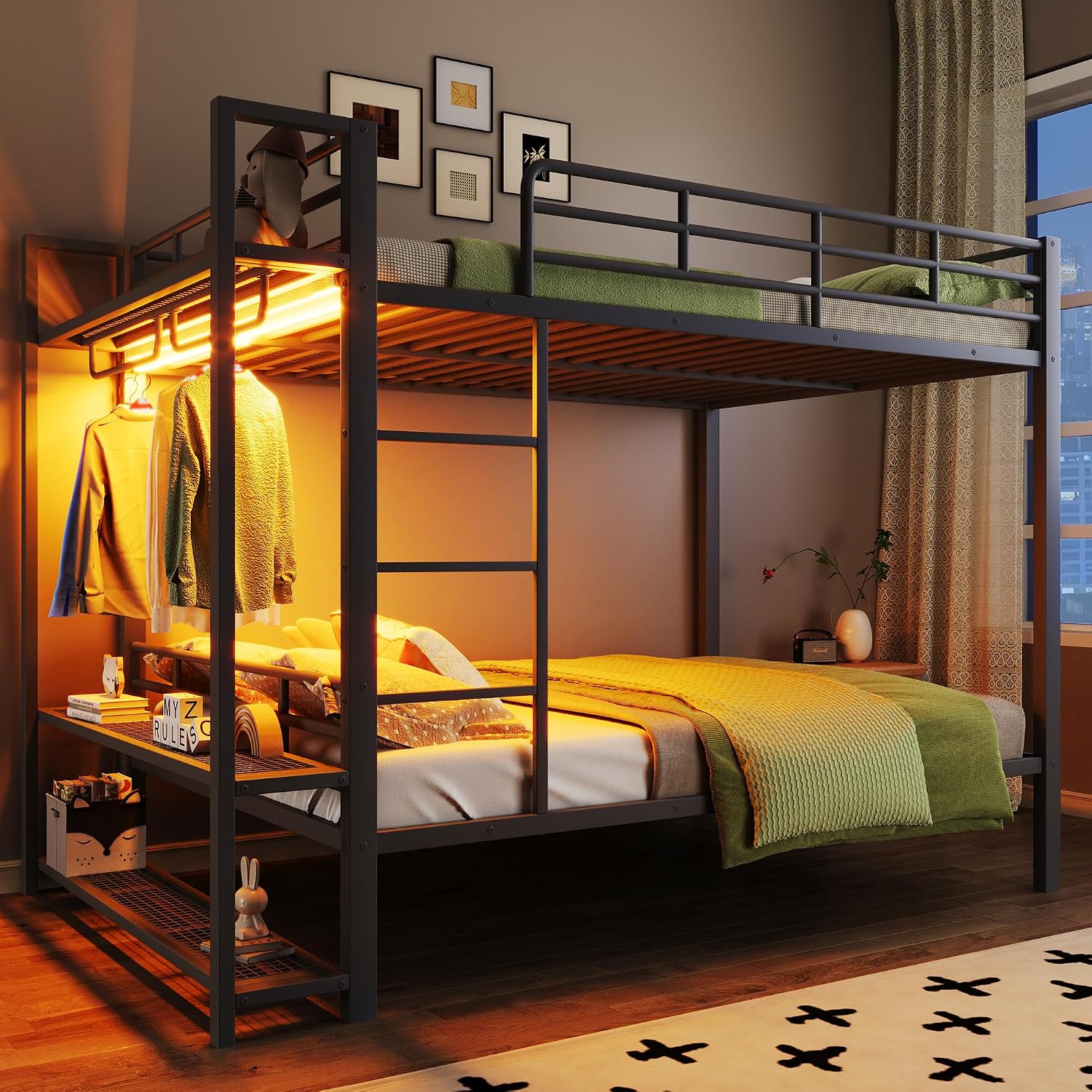 Metal Bunk Bed with Storage Mesh Shelves and Clothes Hooks, Open Storage Shelves, Full Size Bunk Bed with Full-length Reinforced Guardrails for Teens and Adults, No Box Spring Needed (Black//96)