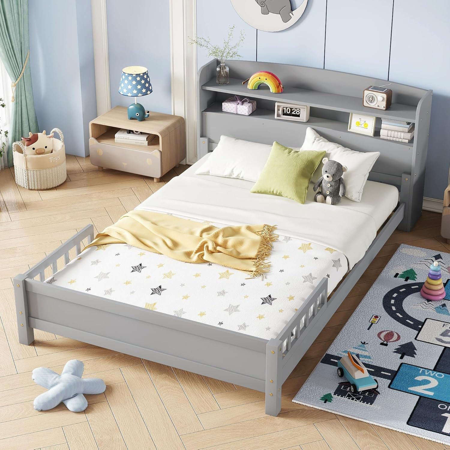 Full Size Bed Frame Kids with LED Motion Sensor Light & Guardrails, Full Size Kids Bed with Storage Bookcase, No Box Spring Needed, Easy Assembly, Grey