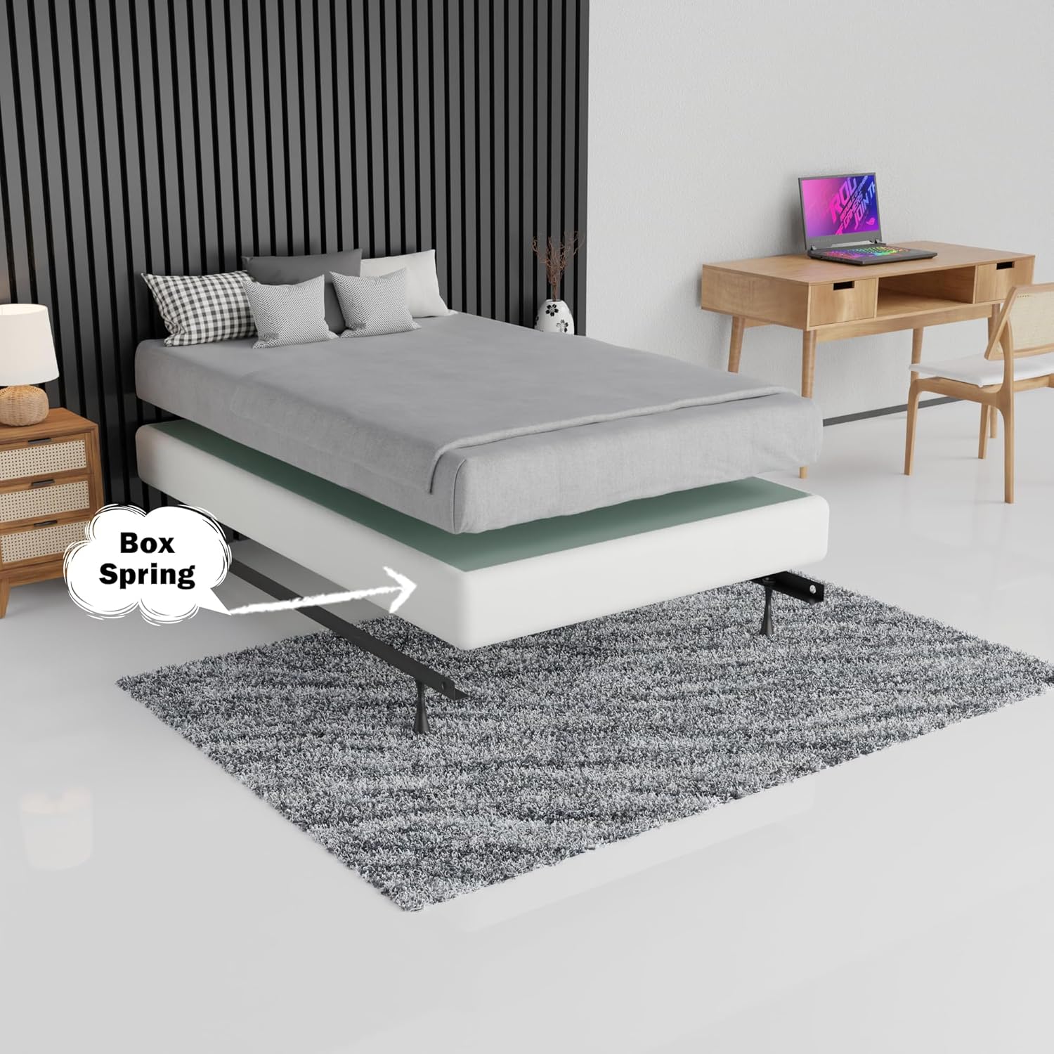 Nutan, 4.5-Inch Sturdy Box Spring for Mattress Support-Durable and Easy to Assemble Natural Wood Foundation for Full XL, White