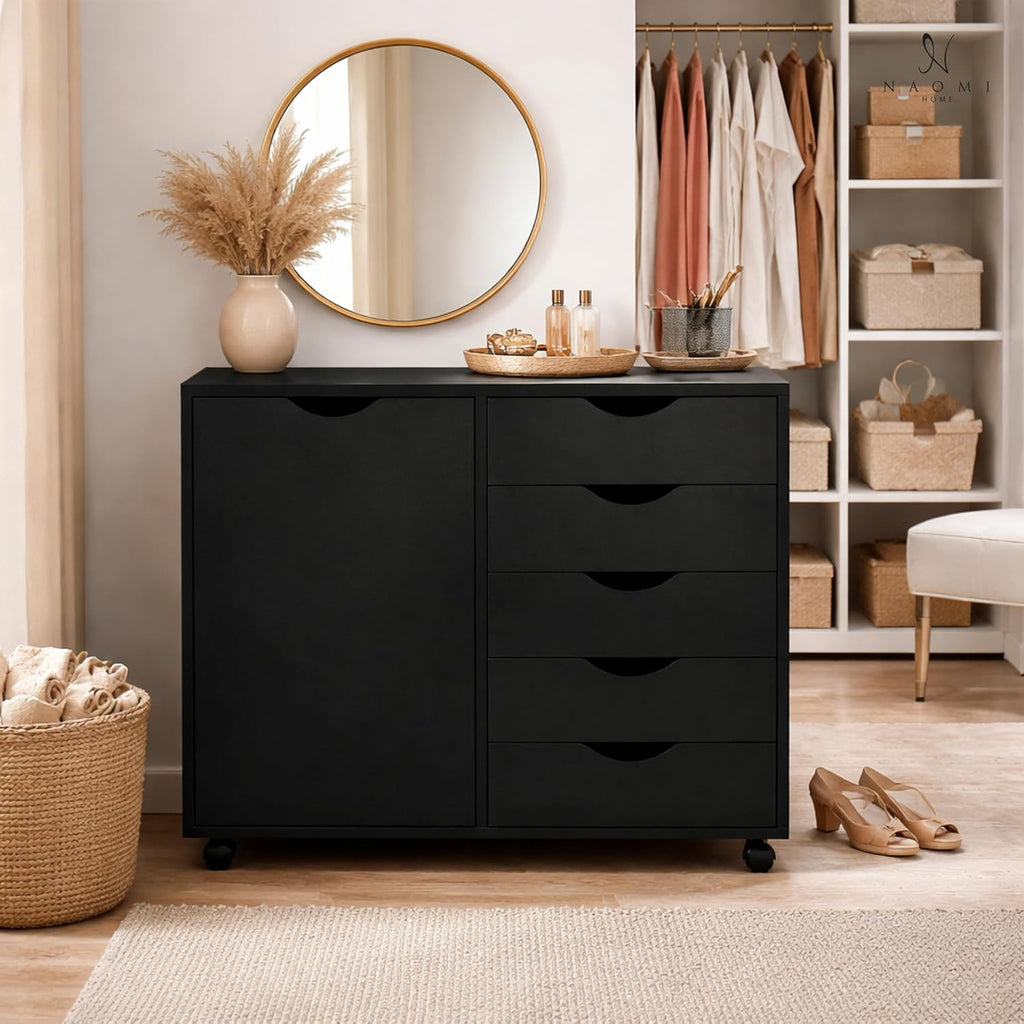Naomi Home Rolling Storage Cabinet with 5 Drawers & Side Cabinet, Engineered Wood Organizer with Shelves, Handle-Free Design & Swivel Casters for Home Office, Kids Room & Entryway - Black