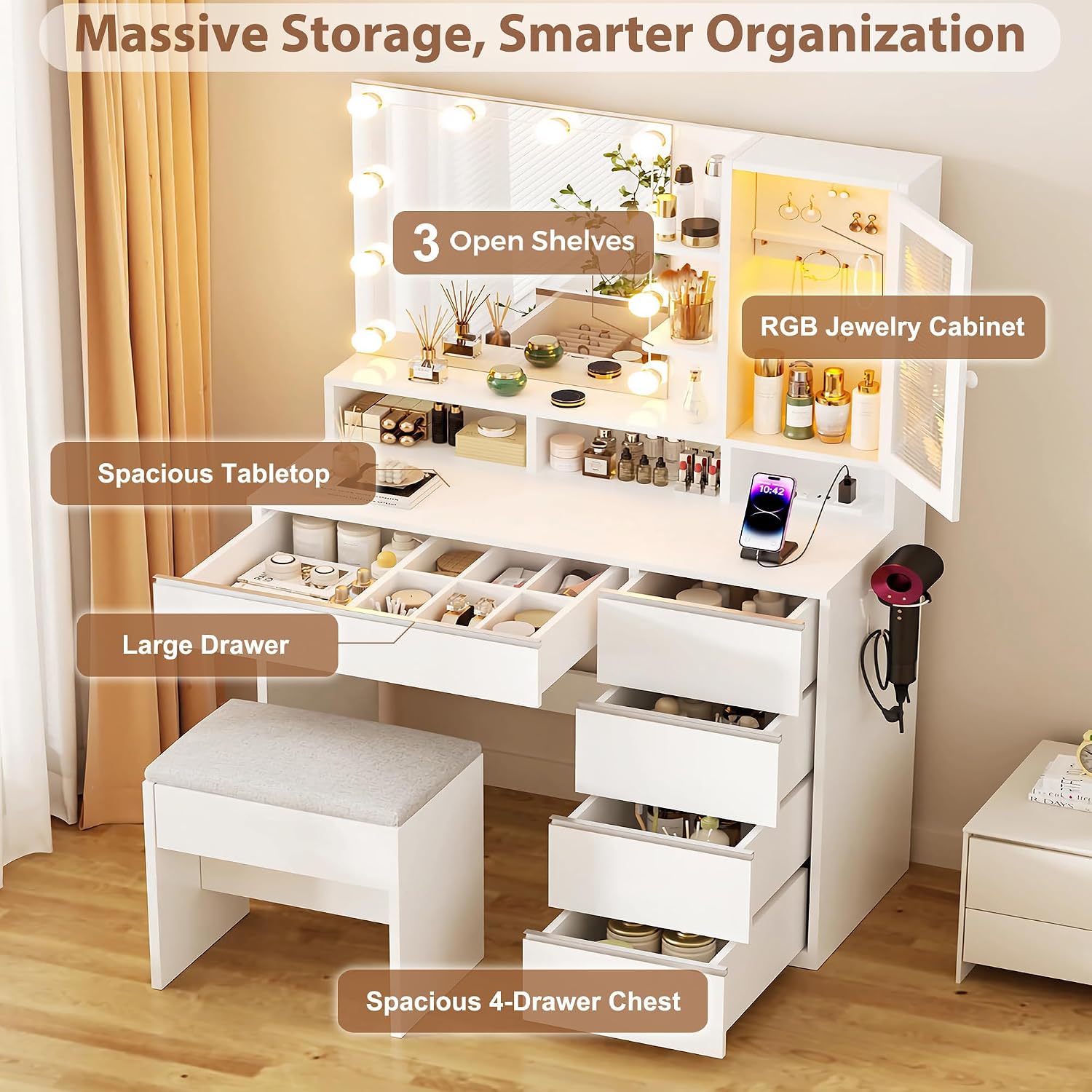 ERLEJIA Vanity Desk with LED Lights Mirror, 35.43' Modern Makeup Table with 6 Storage Drawers & Stool for Ladies and Girls, RGB Light Makeup Desk with Power Outlet for Bedroom Dressing Room, White