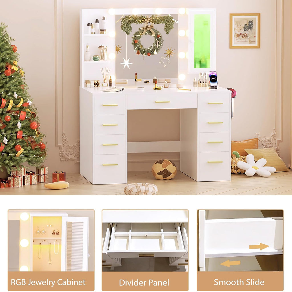 ERLEJIA Vanity Desk with Mirror and Lights, Large 43' White Makeup Vanity Desk with 9 Drawers and Power Outlet, 3 Open Shelves and 1 RGB Lighting Cabinet, White and Gold