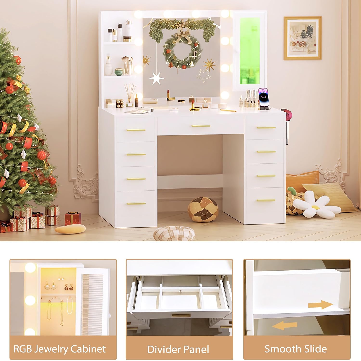 ERLEJIA Vanity Desk with Mirror and Lights, Large 43' White Makeup Vanity Desk with 9 Drawers and Power Outlet, 3 Open Shelves and 1 RGB Lighting Cabinet, White and Gold