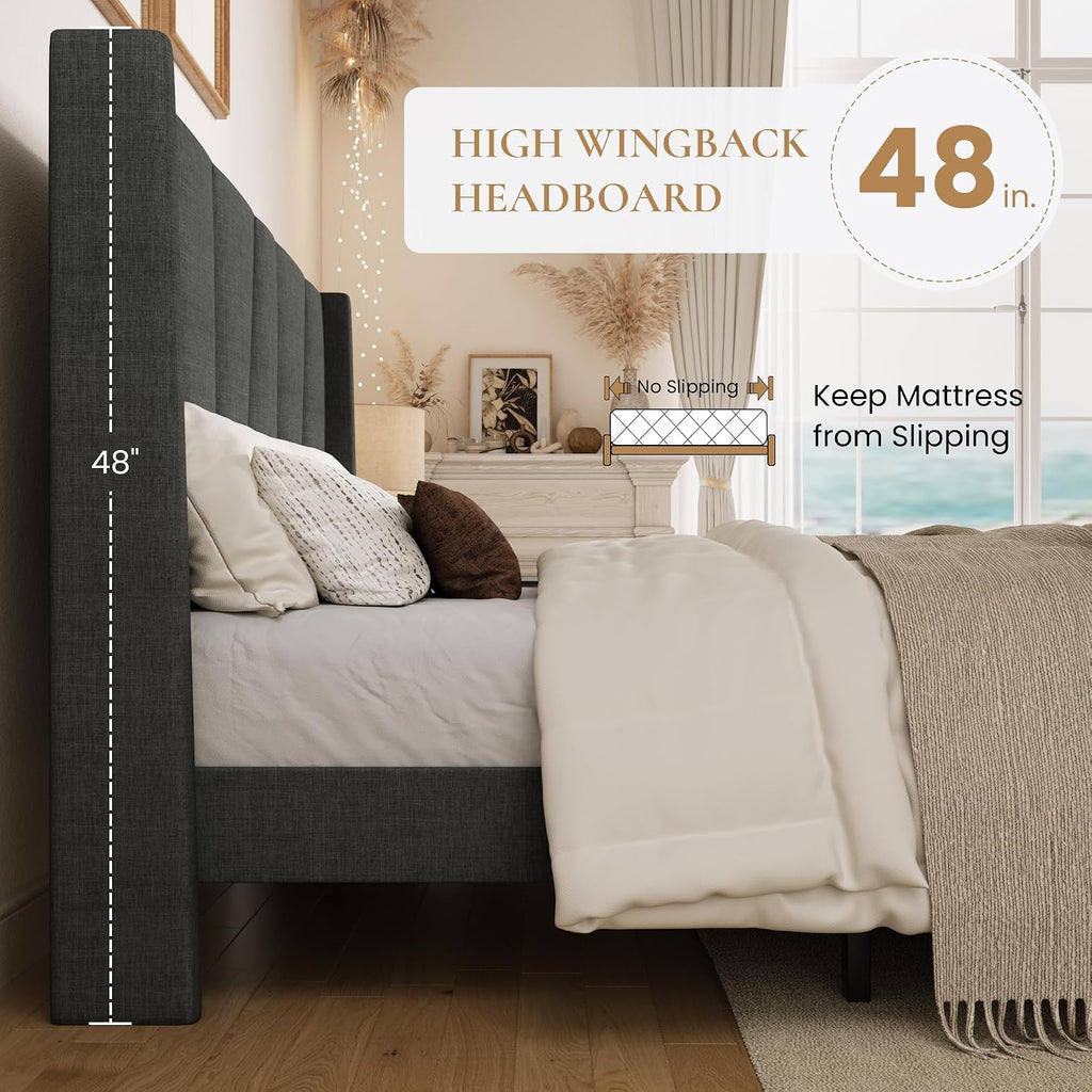 SHA CERLIN King Size Bed Frame with Geometric Wingback Headboard, Upholstered Platform Bed with, 8' Under-Bed Space, No Box Spring Needed, Easy Assembly, Grey