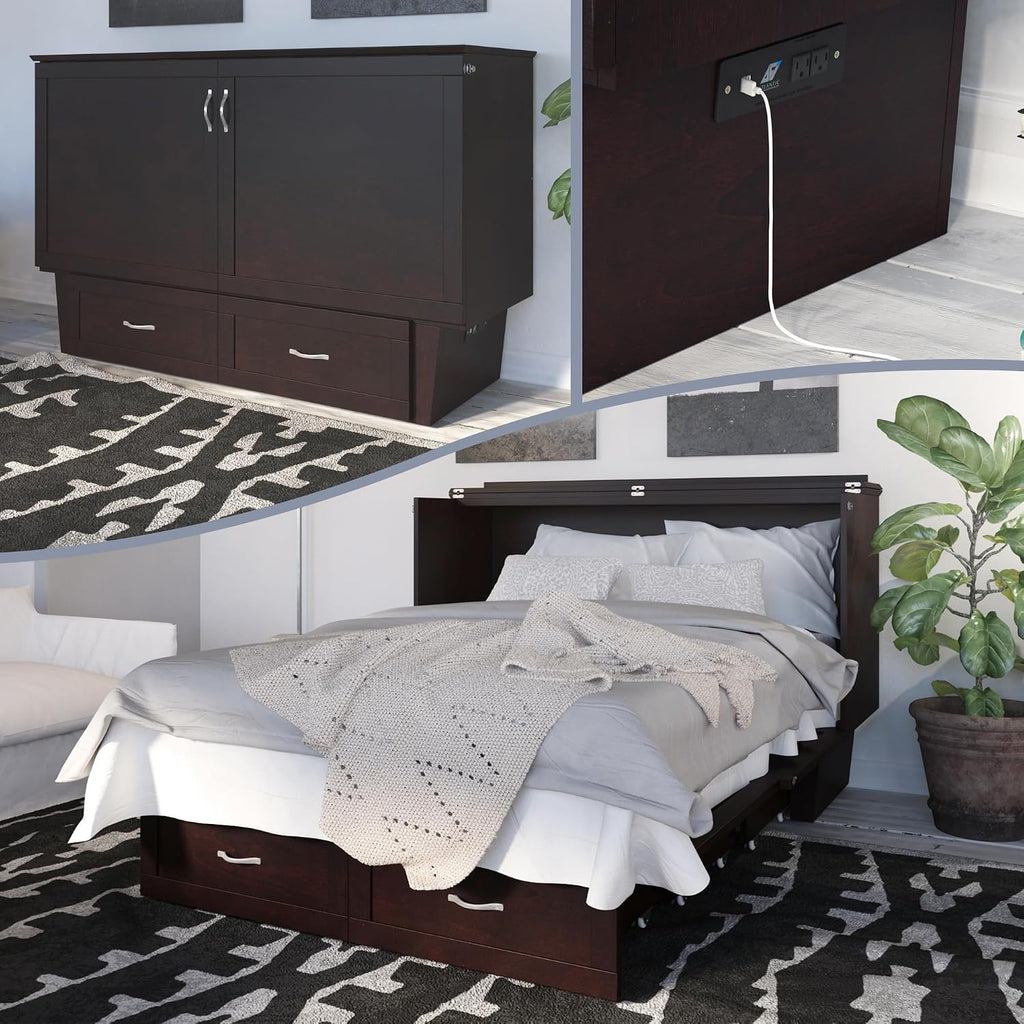 AFI, Monroe Queen Murphy Bed Chest with 6' Mattress, Storage Drawer & Built-in USB Charger, Espresso