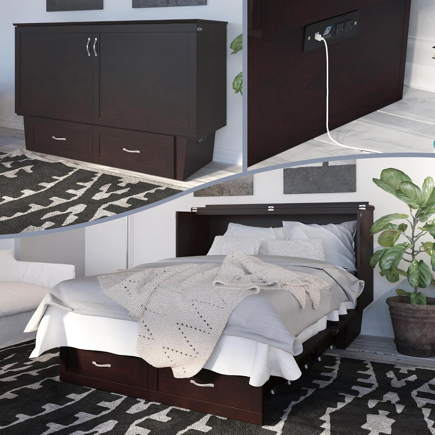 AFI, Monroe Queen Murphy Bed Chest with 6' Mattress, Storage Drawer & Built-in USB Charger, Espresso