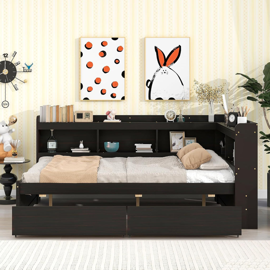Full Size Platform Bed with L-Shaped Bookcase and 2 Drawers, Wooden Captain Bed Frame with Bookcase Headboard for Kids Teens Adult Boys Girls, No Box Spring Needed-Espresso
