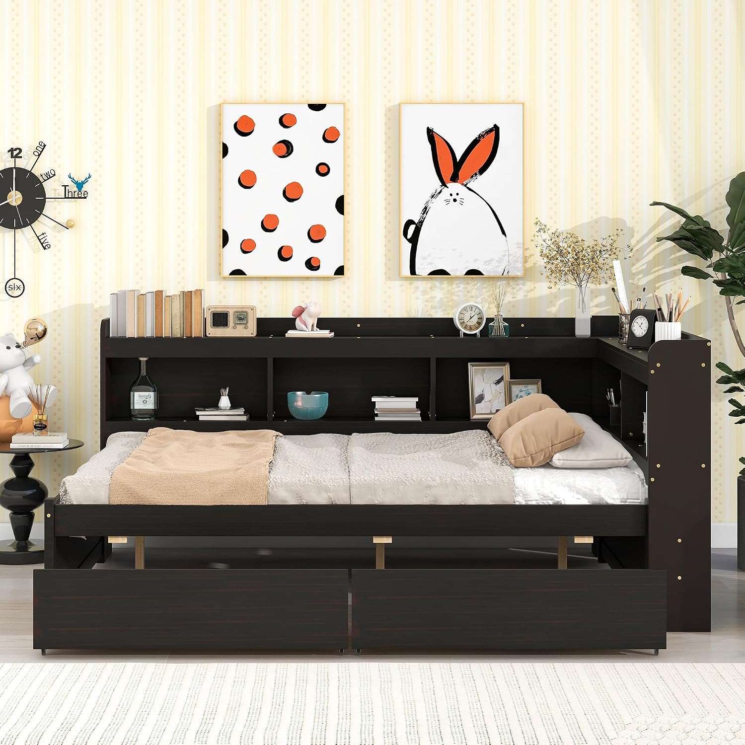 Full Size Platform Bed with L-Shaped Bookcase and 2 Drawers, Wooden Captain Bed Frame with Bookcase Headboard for Kids Teens Adult Boys Girls, No Box Spring Needed-Espresso