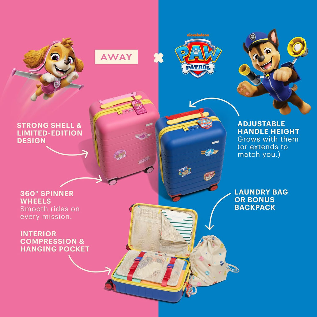 Away PAW Patrol Kids Carry On Luggage, Lightweight Rolling Suitcase for Children, TSA-Approved, Spinner Wheels, Travel Suitcase for Toddlers & Kids, Skye Pilot Pink