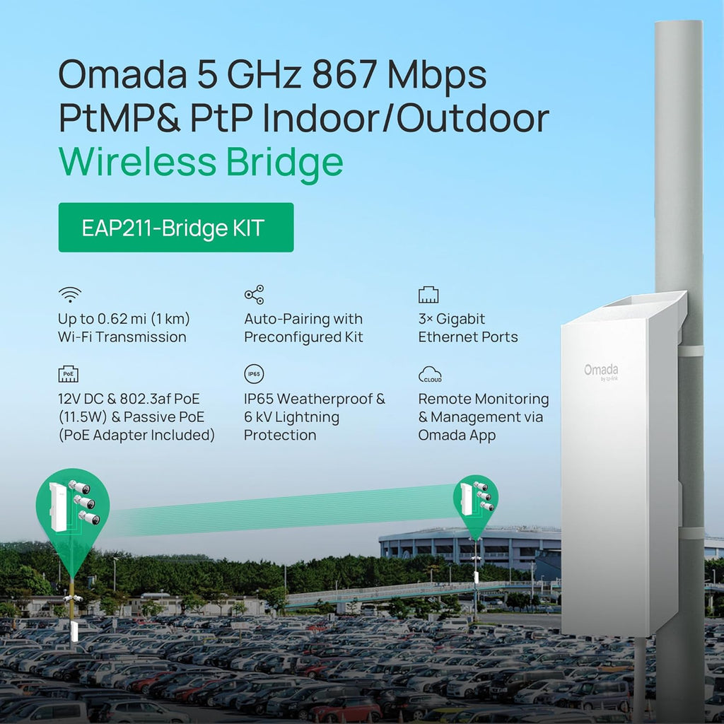 TP-Link Omada Point to Point Wireless Bridge Outdoor - 5GHz, 867Mbps, PtP&PtMP, 1km Range, 3 Gigabit Ports, PoE or DC Powered, IP65 Weatherproof, Preconfigured, Plug&Play(EAP211-Bridge KIT)