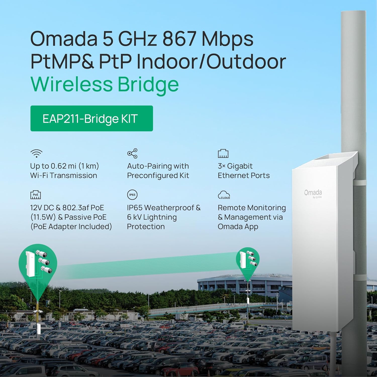 TP-Link Omada Point to Point Wireless Bridge Outdoor - 5GHz, 867Mbps, PtP&PtMP, 1km Range, 3 Gigabit Ports, PoE or DC Powered, IP65 Weatherproof, Preconfigured, Plug&Play(EAP211-Bridge KIT)