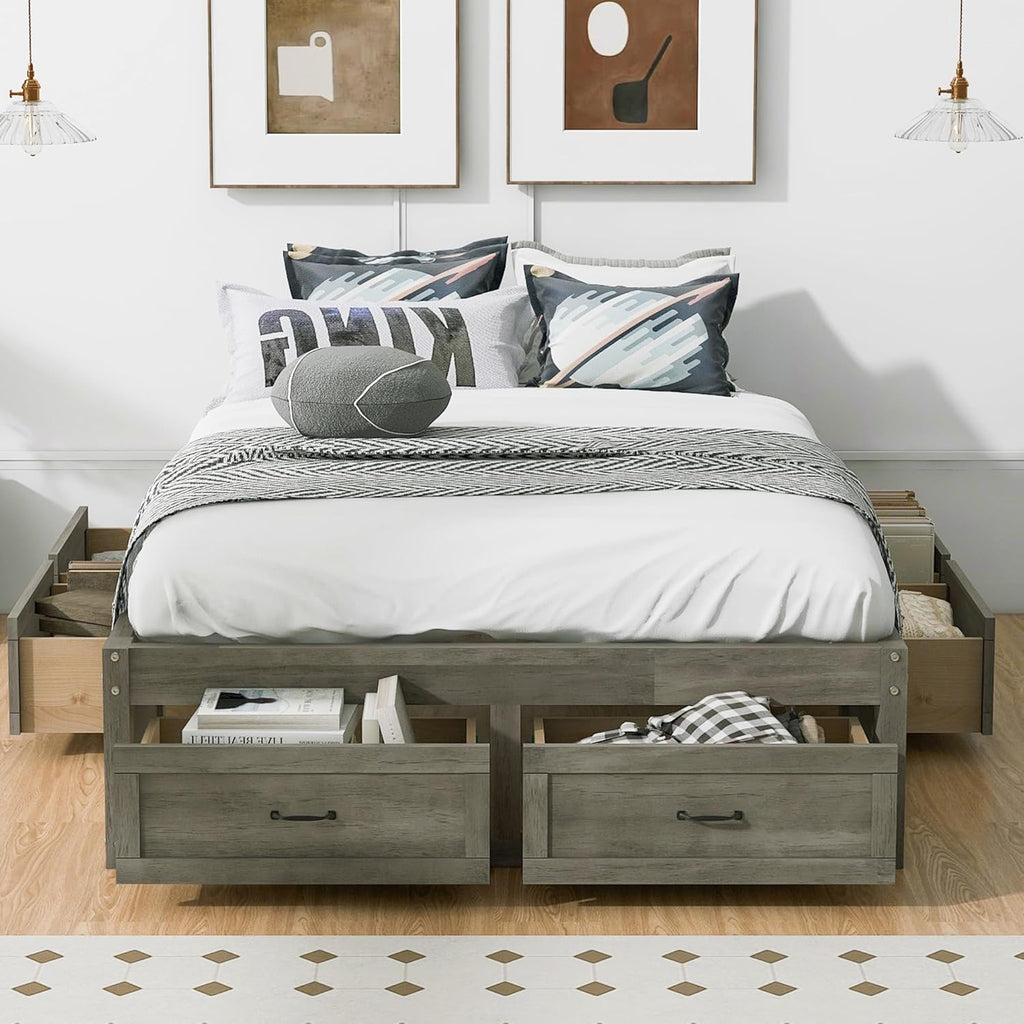 Full Size Wooden Platform Bed with 6 Storage Drawers, No Box Spring Needed (Antique Gray, Full)