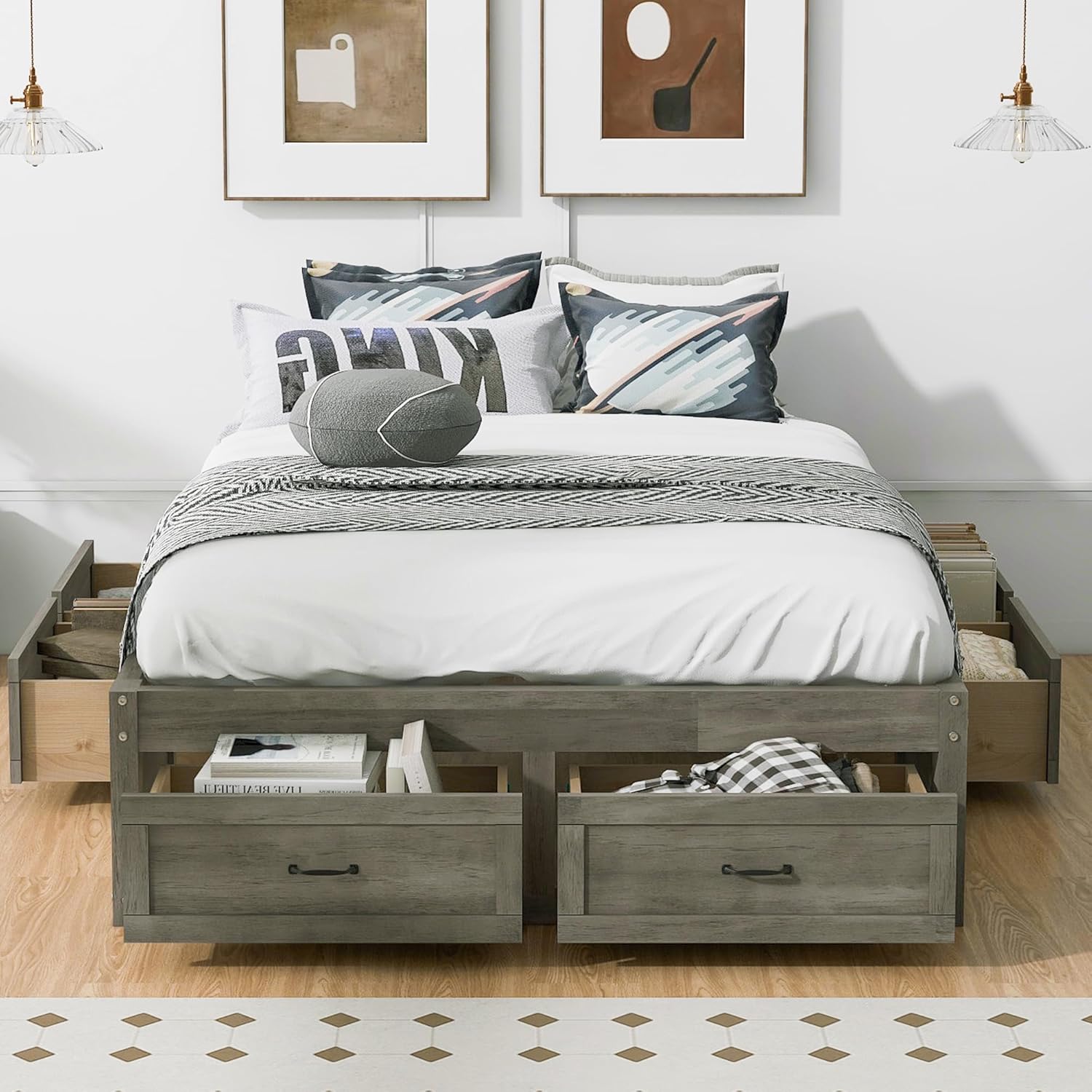Full Size Wooden Platform Bed with 6 Storage Drawers, No Box Spring Needed (Antique Gray, Full)
