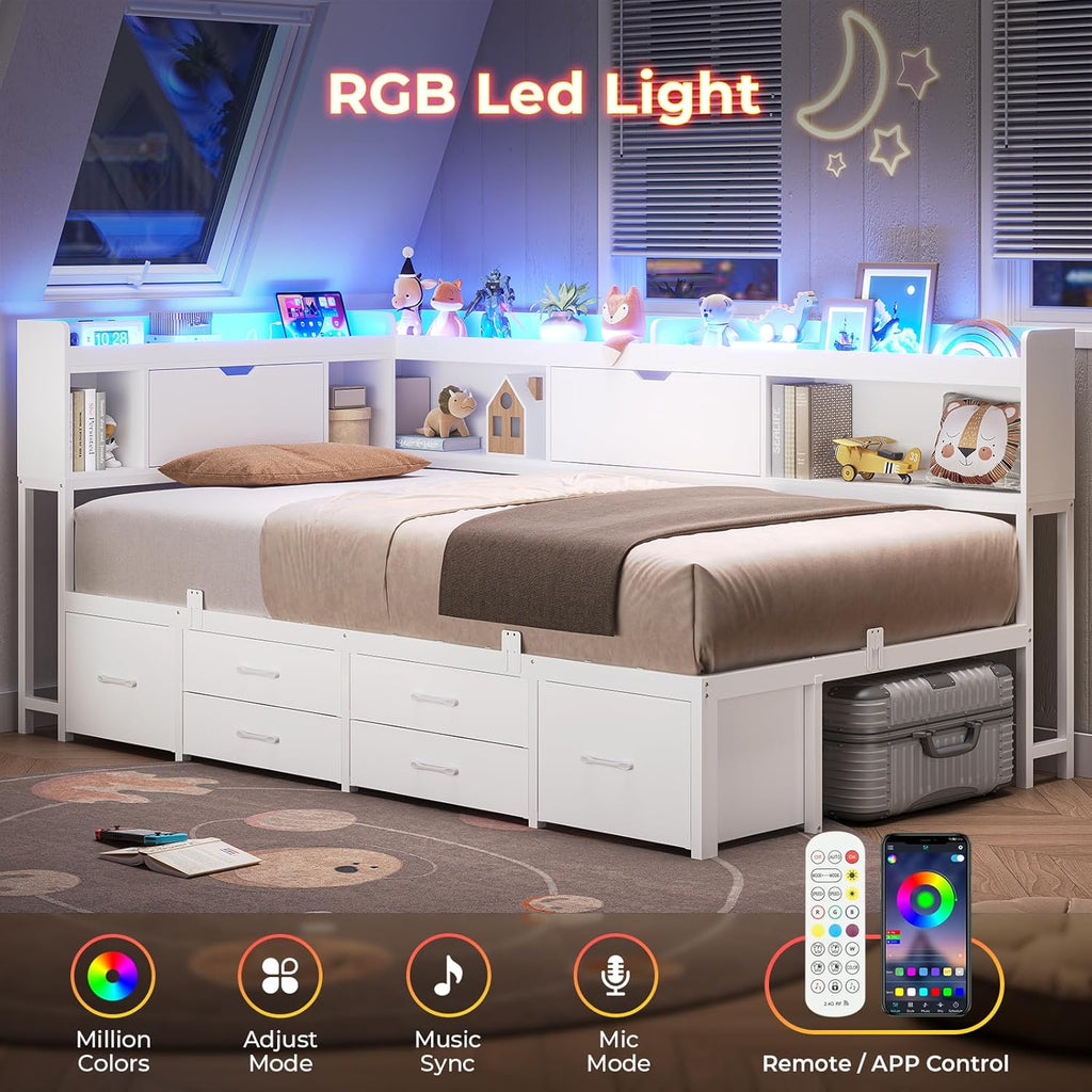AOGLLATI Twin Corner Bed Frame with Bookcase and Hidden Storage & Metal Platform Twin Size Daybed with 6 Drawers,Charging Station, Led Lights- for Kids, Teens, White