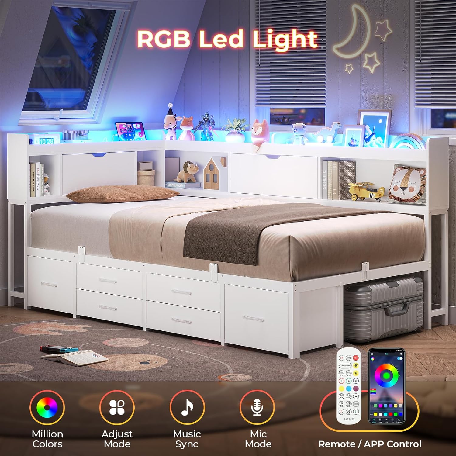 AOGLLATI Twin Corner Bed Frame with Bookcase and Hidden Storage & Metal Platform Twin Size Daybed with 6 Drawers,Charging Station, Led Lights- for Kids, Teens, White