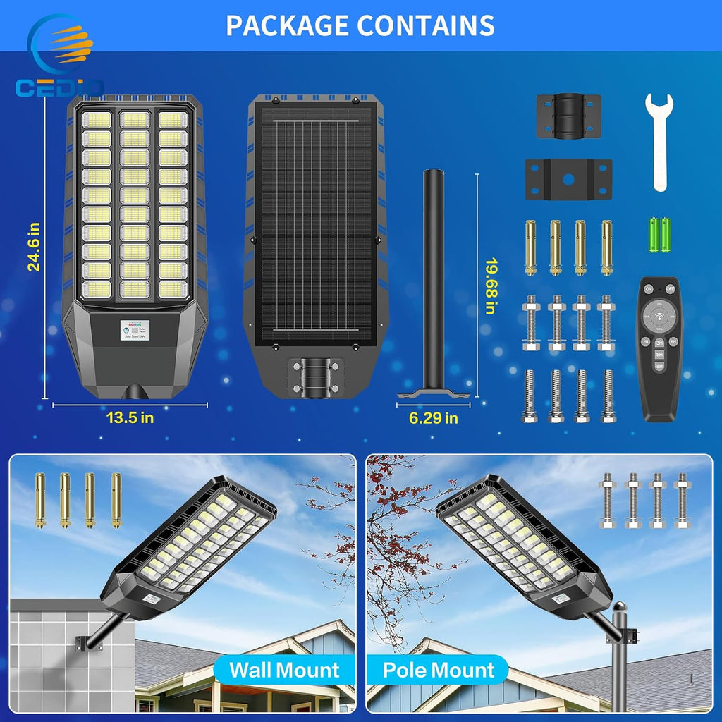 CEDIO 10000W Outdoor Solar Street Lights,Solar Lights IP66 Waterproof LED Street Light Dusk to Dawn,Flood Light with Motion Sensor for Yard (2PACK)