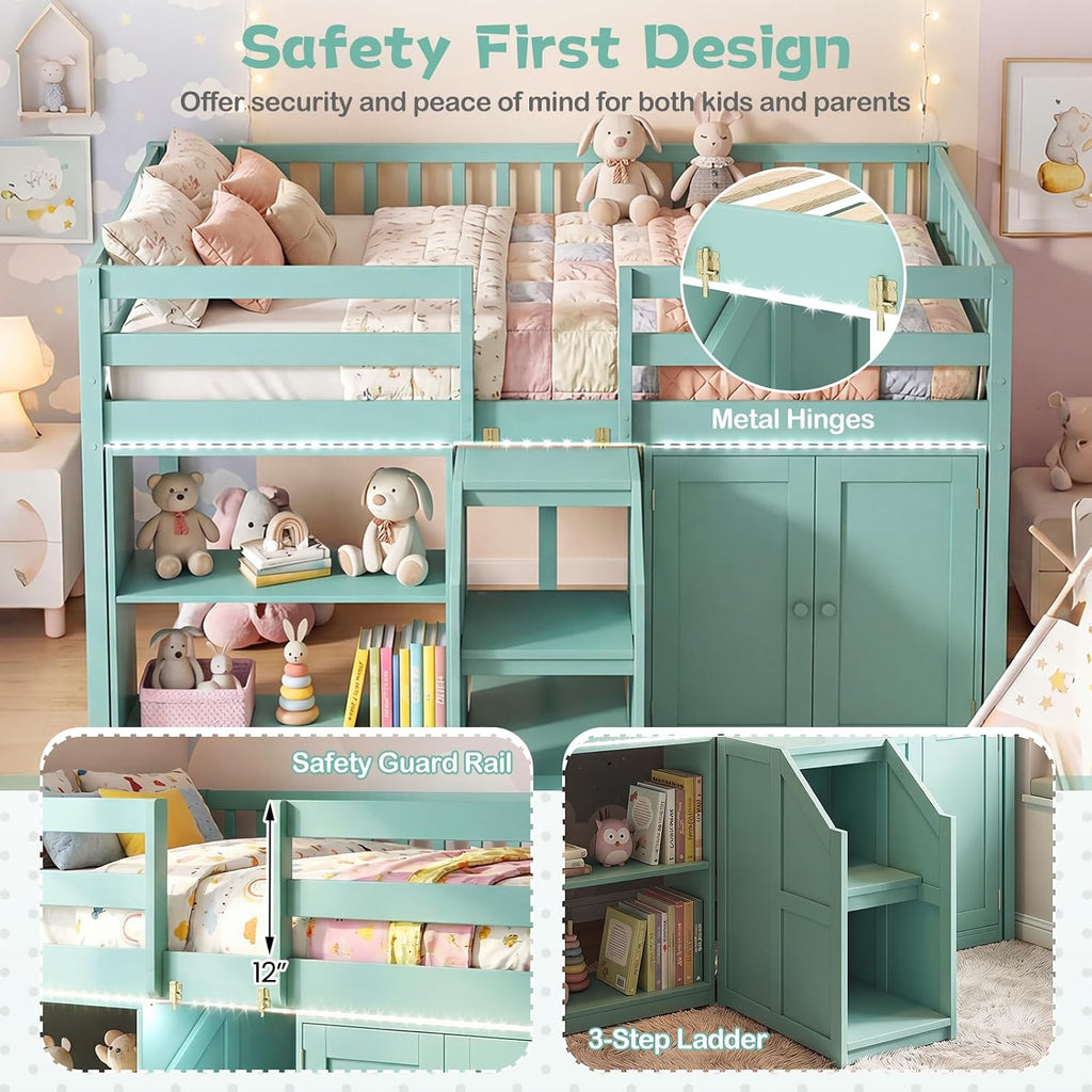 KOMFOTT Low Loft Bed with LED Light, Stairs & Guardrails, Modern Wood Kids Twin Bed with Under-Bed Space, Storage Cabinet and Shelves, Space-Saving Twin Loft Bed for Kids, No Box Spring Needed (Green)