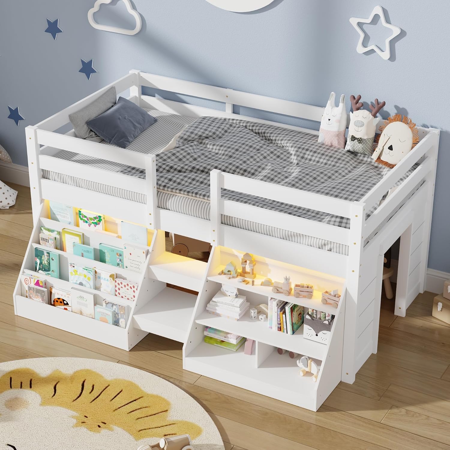 St.Mandyu Twin Size Low Loft Bed with LED Lights, Twin Loft Bed with Stairs, Bookcase, Safety Guardrail and Under-Bed Play Space, White