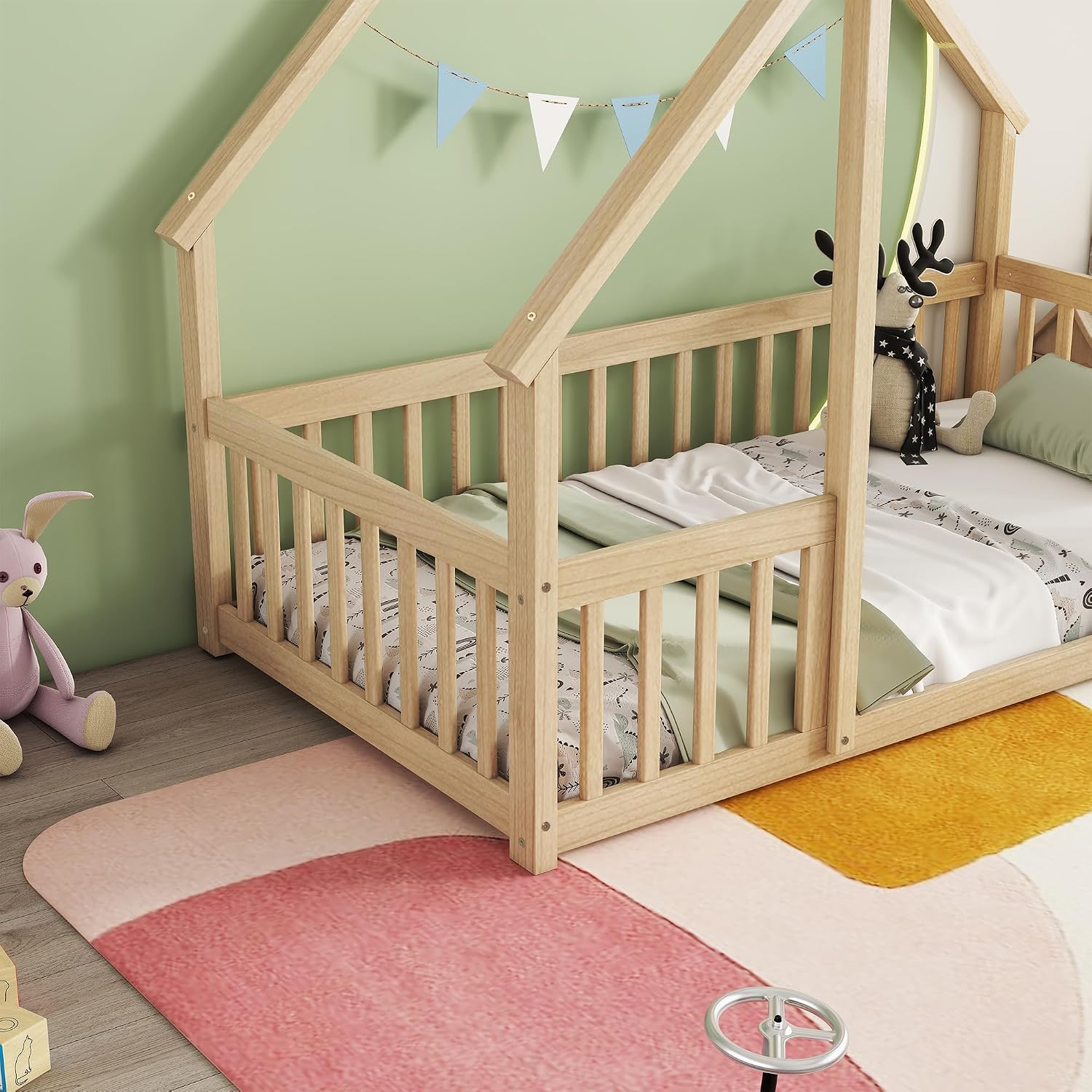 JIVOIT House Bed Twin Size Floor Bed, Wood House-Shaped Floor Bed with Fence Guardrails, Wood House Roof Frame, Montessori Bed Frame (Natural-Twin,129)