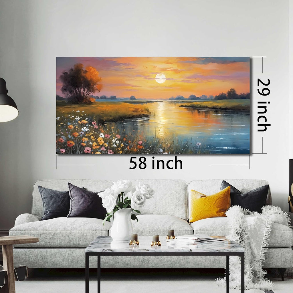 Orange Yellow Sunset Lake Landscape Canvas Wall Art with Colorful Wildflowers & Distant Mountain, Serene Nature Scene Large Picture Print Painting Artwork for Living Room Bedroom Decor 58x29 Inches