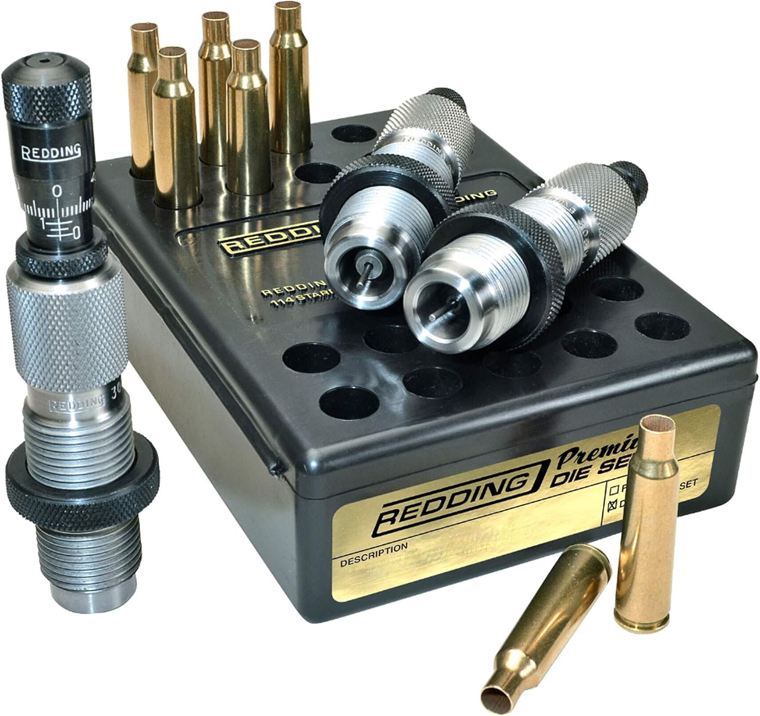 Redding Premium Deluxe Die Set - Precision 3-Die Reloading System with Carbide Size Button and Micrometer Seating, Calibers