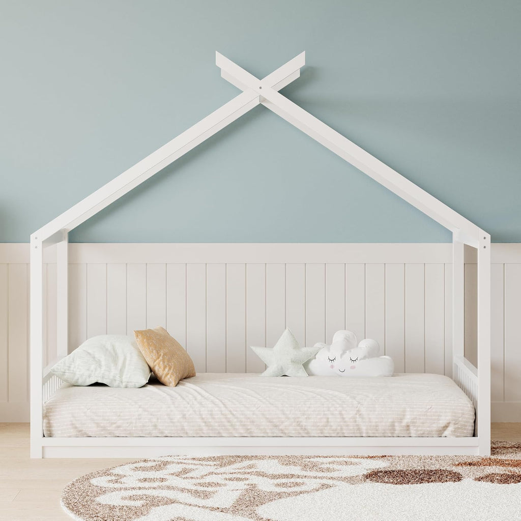 JIVOIT Twin Size House Bed with Roof, Floor Bed Frame with Headboard and Footboard, Wooden House Bed Fence Bed, Easy Assembly (White/Twin,93)