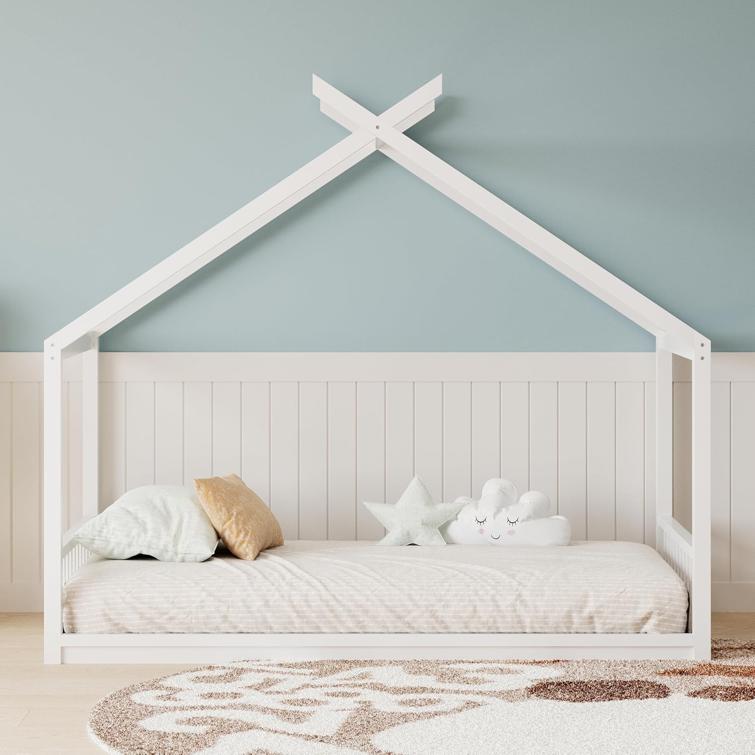 JIVOIT Twin Size House Bed with Roof, Floor Bed Frame with Headboard and Footboard, Wooden House Bed Fence Bed, Easy Assembly (White/Twin,93)