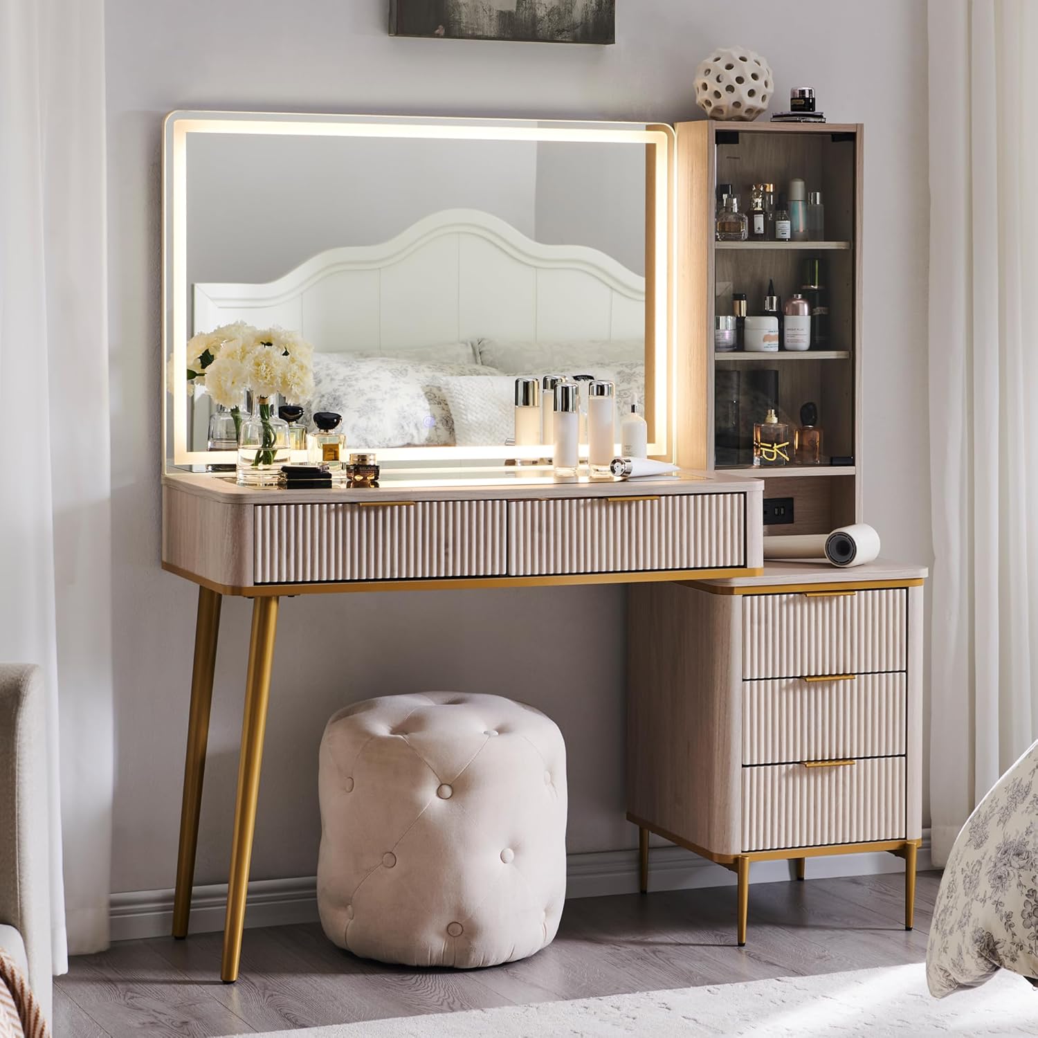 T4TREAM Fluted Makeup Vanity Desk with 36' HD Lighted Mirror, 48' Big Modern Vanity Desk with Mirror and Lights, Dressing Table with 5 Drawers & Shelves, Glass Top for Bedroom (Alder White)