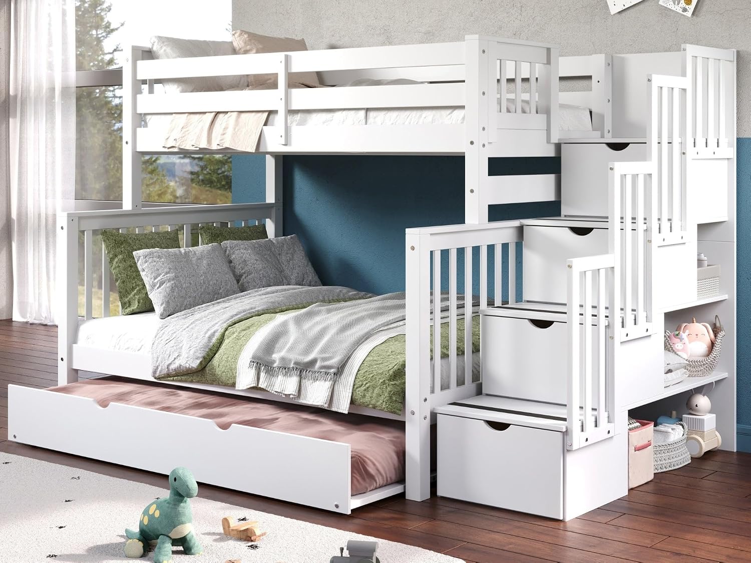 Bedz King Stairway Bunk Beds Twin Over Full, 4 Step Drawers, Twin Trundle, White