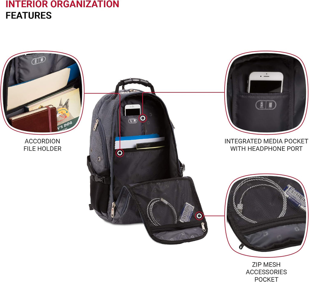 SwissGear 5977 ScanSmart TSA Friendly Laptop Backpack, Fits Most 17 Inch Laptops and Tablets, Ideal for Work, Travel, School, College, and Commuting, Grey