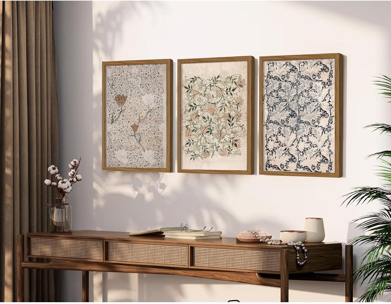 Vintage William Morris Wall Art Framed Decor Boho Floral Botanical Canvas Pictures Abstract Neutral Flower Prints Vintage Farmhouse Artwork Painting for Living Room Bedroom 24x36 Inch Set of 3