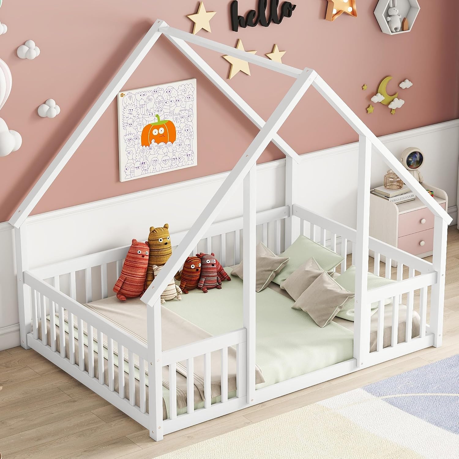 JIVOIT House Bed Full Size Floor Bed, Full Wood House-Shaped Floor Bed with Fence and Guardrails, Wood House Roof Frame, Montessori Floor Bed Frame (White-Full,129)