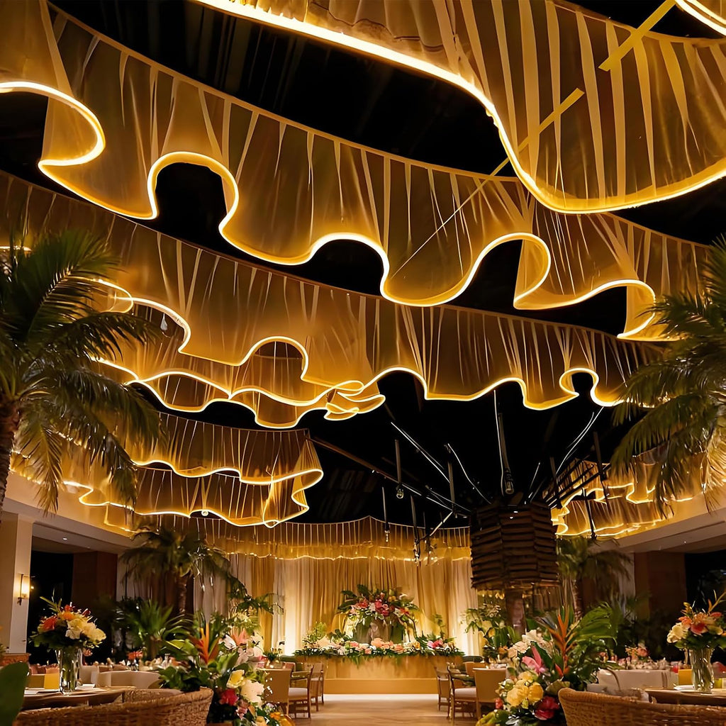 BANGBANGJI Sheer Curtains, Ceiling Light Strip, Easy to Install, Universal for All Seasons, for Birthdays, Parties, Weddings 100mx0.5m-WhiteVeil+WarmLight