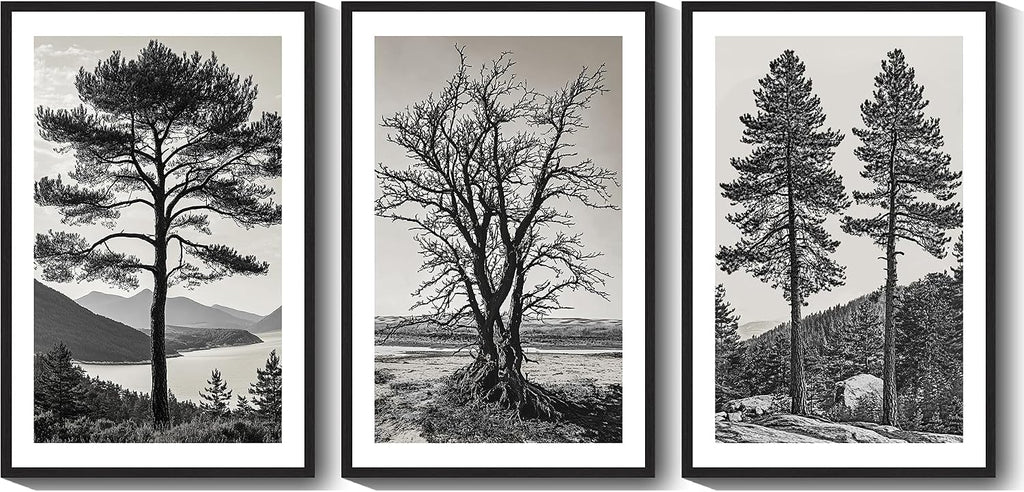 KUVIOKE Vintage Tree Framed Wall Art Black and White Retro Antique Forest Drawings Nature Wilderness Sketch Wall Painting Modern Bedroom Decor 24x36in (Black Framed)