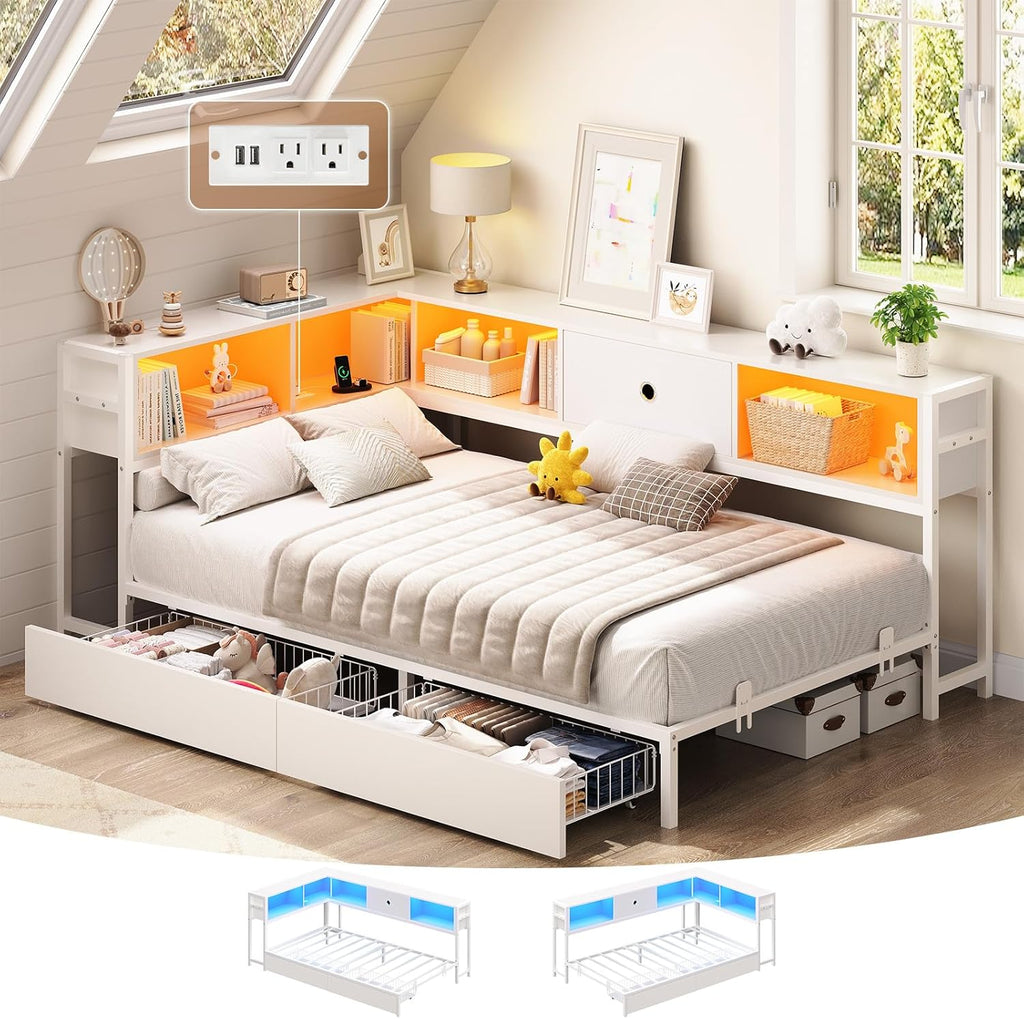 Hasuit Corner Twin XL Bed Frame with Storage Drawers and Bookcase Headboard, Twin xl Size Metal Platform Corner Bed Frame with Charging Station & LED Lights, Twin XL Daybed for Kids Teens Guests,White