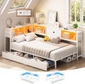 Hasuit Corner Twin XL Bed Frame with Storage Drawers and Bookcase Headboard, Twin xl Size Metal Platform Corner Bed Frame with Charging Station & LED Lights, Twin XL Daybed for Kids Teens Guests,White