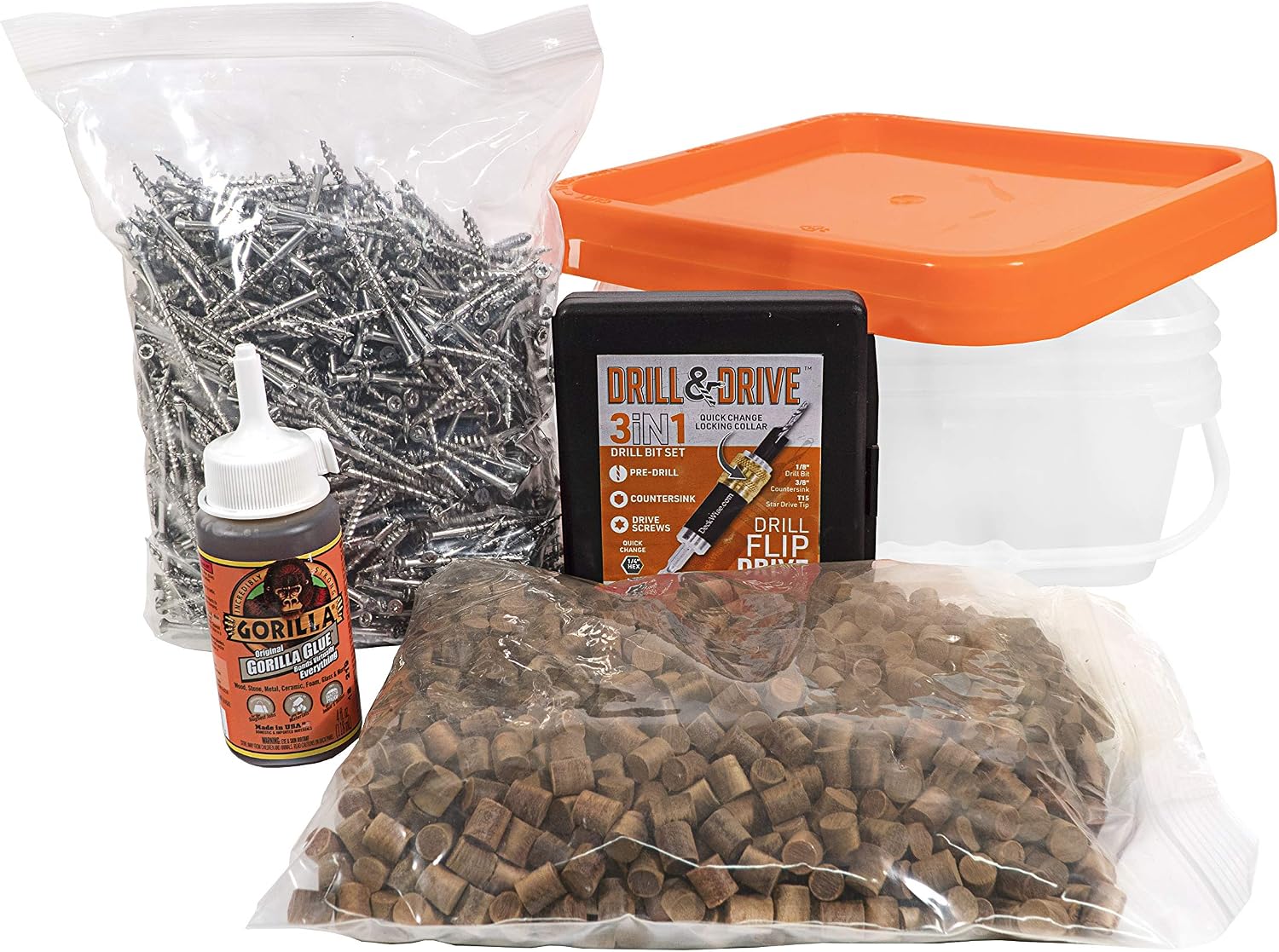 DeckWise Cumaru Master Plug Kit - 3/8' Hardwood Plugs & #8x2 Stainless Screws with Drill & Drive Bit & Glue, 1050 Piece Kit for 300 sq. ft.