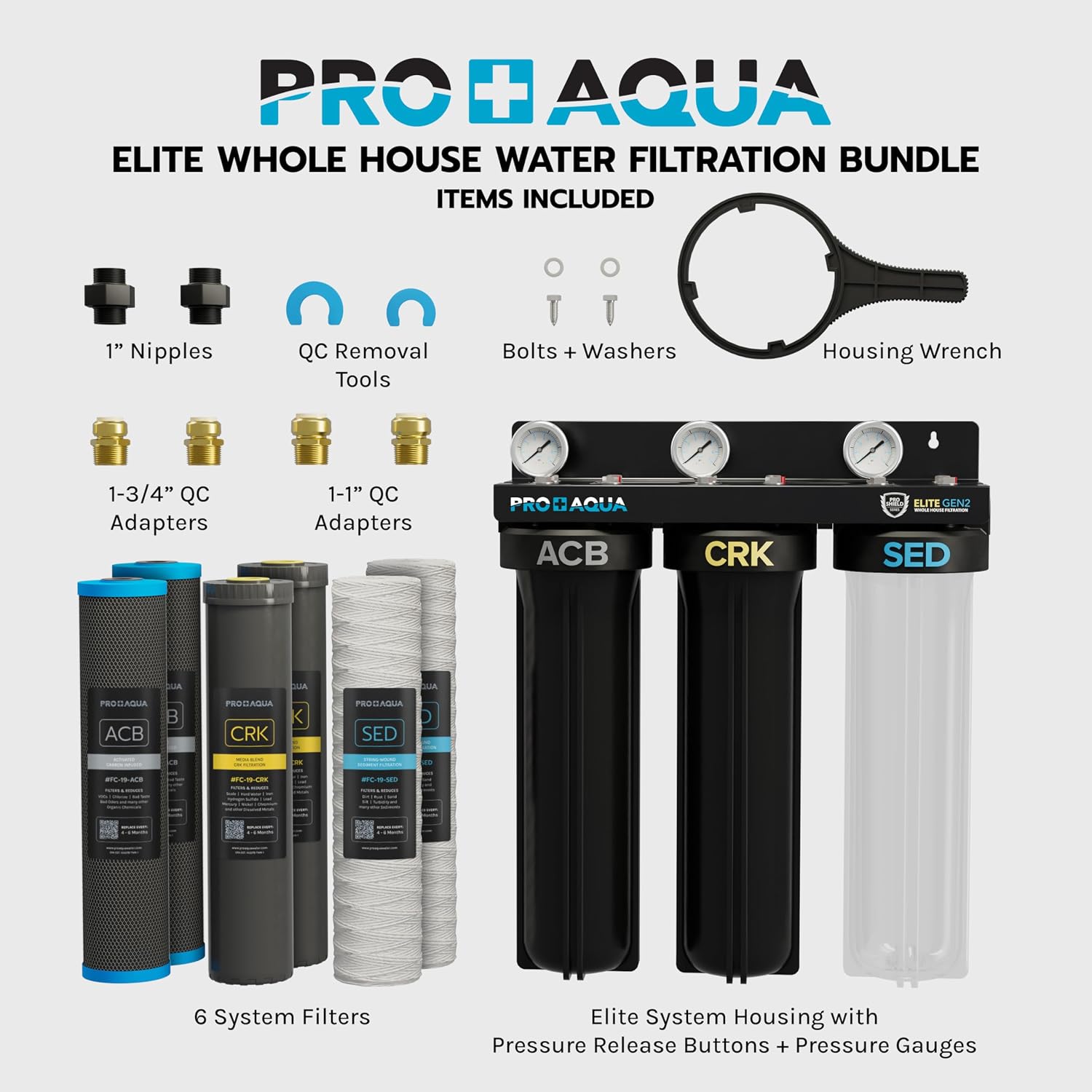 PRO+AQUA Elite Whole House Water Filter 3-Stage Well Water Filtration System with Gauges, PR Button 1 in. Ports Filter Set