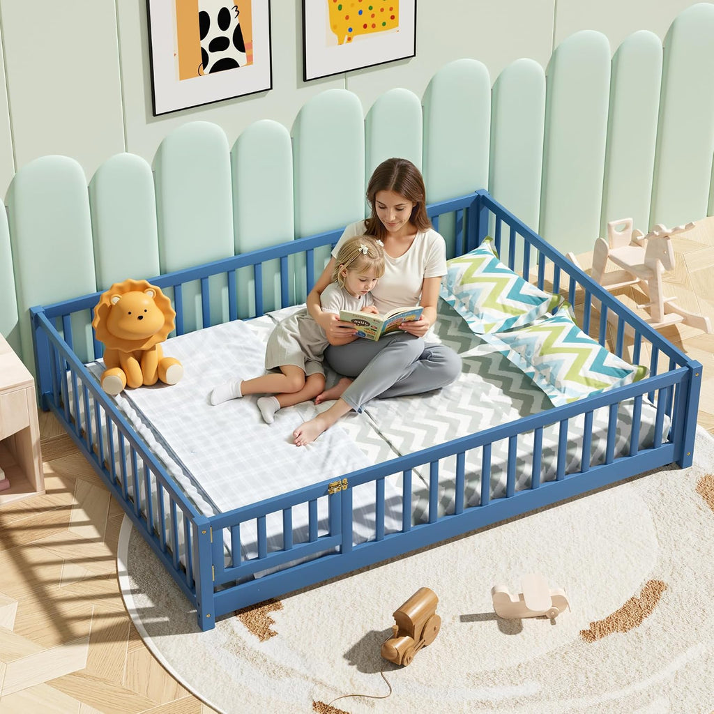 i-POOK Full Floor Bed Frame with Wood Slats, High Fence & Small Door, Pinewood Montessori Floor Bed for Girls and Boys, Mist Blue