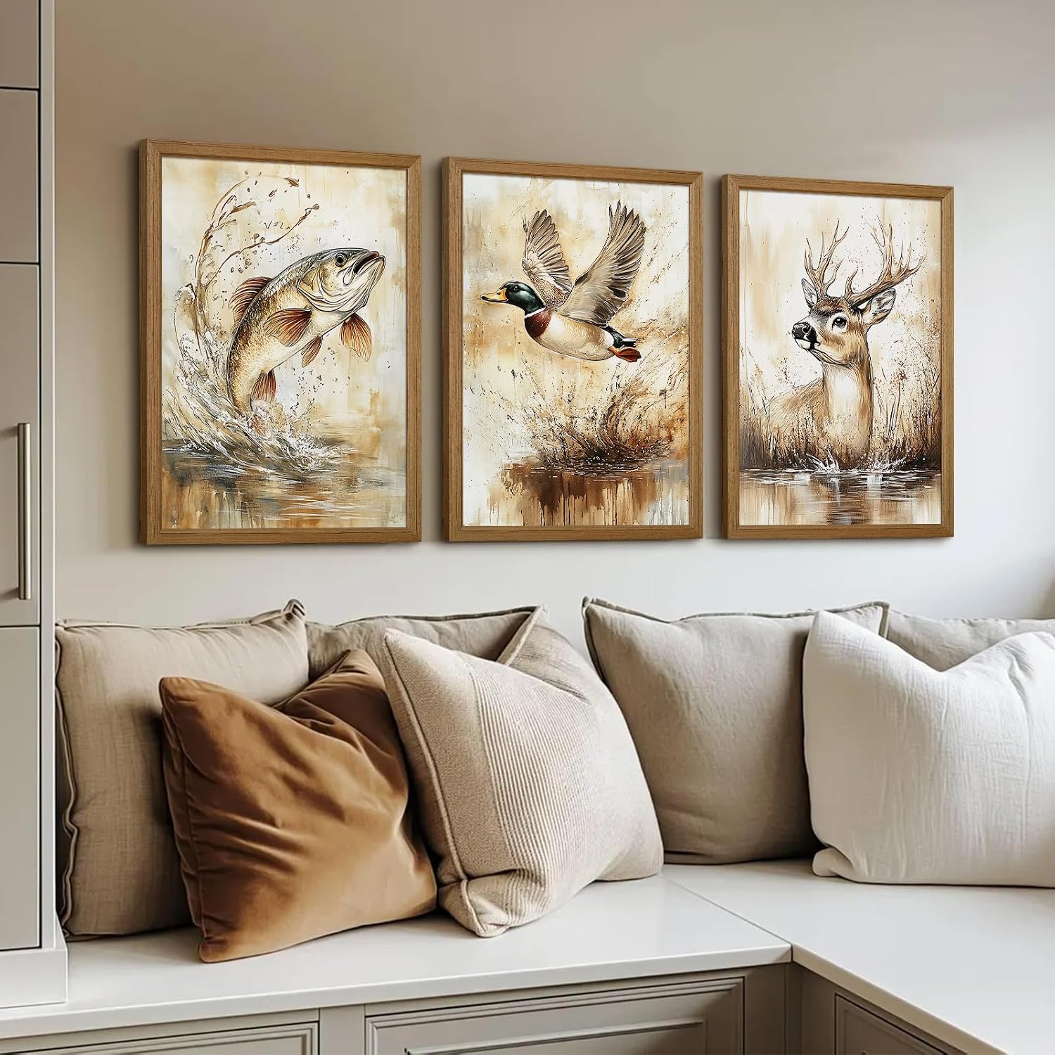 Vintage Animal Wall Art Baby Boy Room Canvas Wall Decor Farmhouse Animal Posters Kids Nursery Hunting Art Prints Rustic Deer Fish Pictures Mallard Duck Painting for Bedroom 24x36x3 Inch Framed