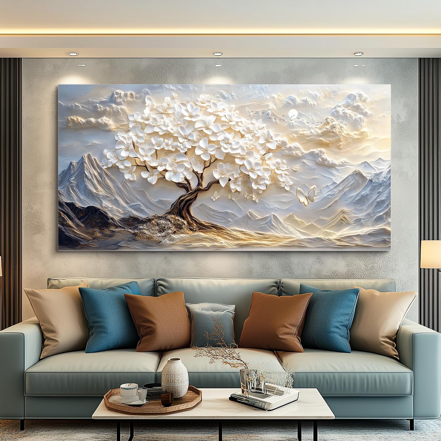 JUDASJART Canvas Wall Art For Living Room Large Wall Decor For Office Bedroom Decorations White Blossom Tree Landscape Pictures Abstract Painting Artwork Room Wall Mural Aesthetic Home Decor 30x60 In