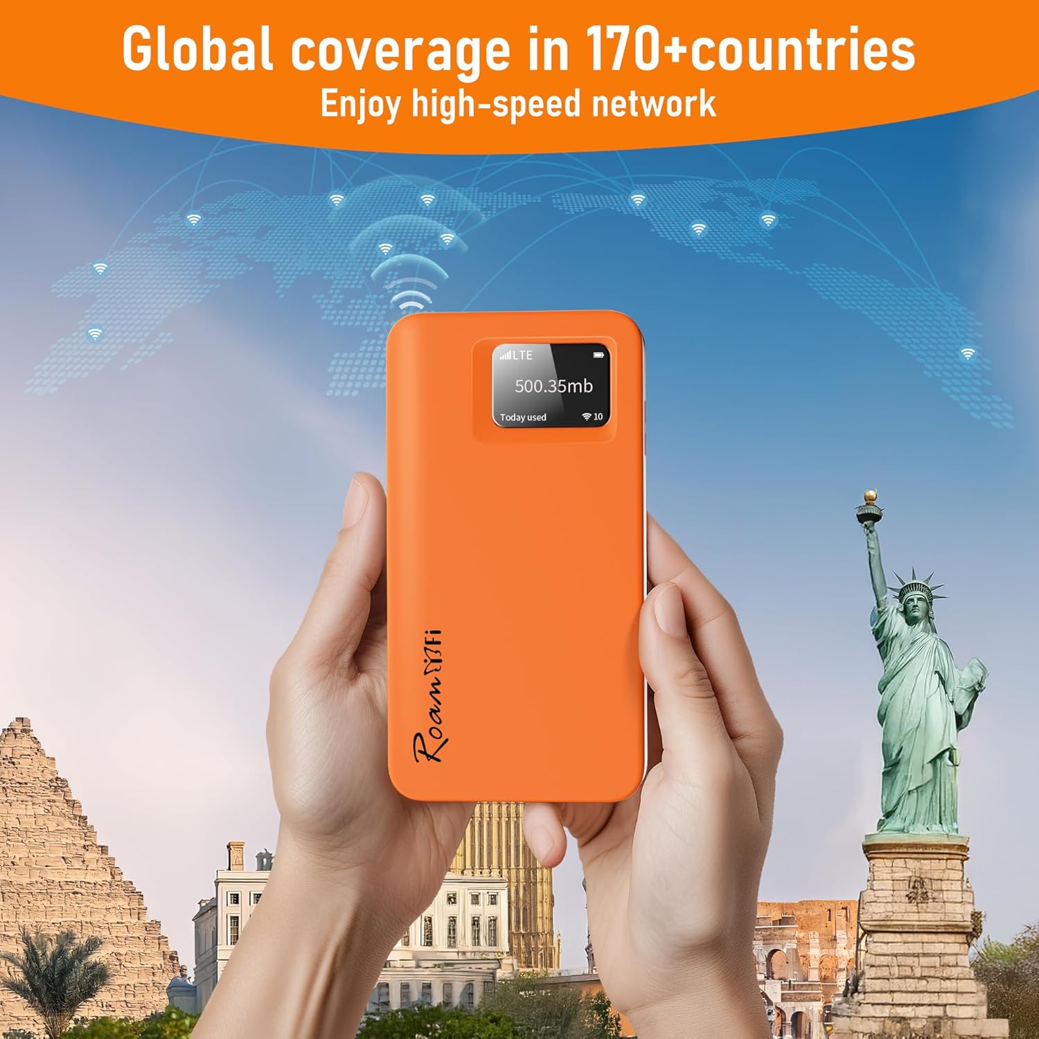 RoamWiFi 4G LTE Mobile Hotspot Router Worldwide Portable High Speed Hotspot with US 1GB Data 30Day No SIM Card Needed 10 Connected Devices Pocket Hotspot for Travel in 170+ Countries