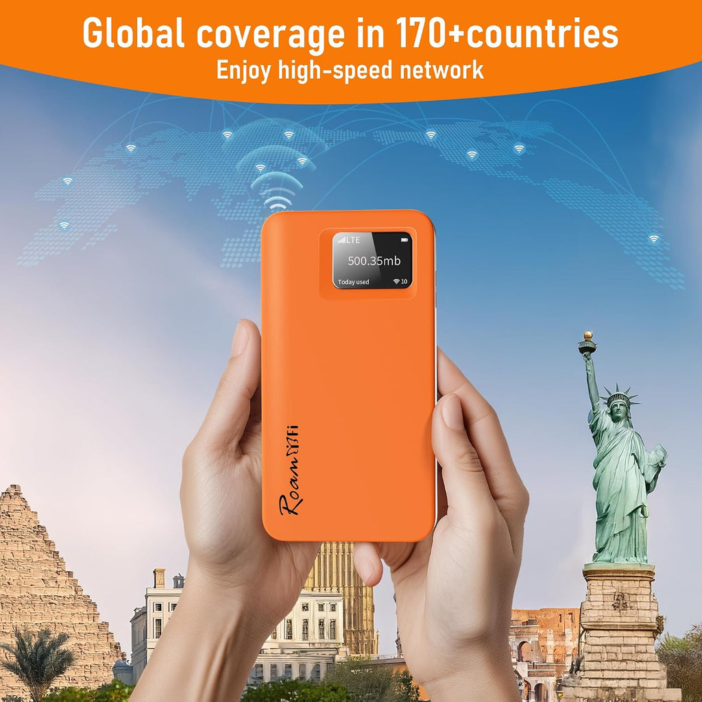 RoamWiFi 4G LTE WiFi Mobile Hotspot Router, Worldwide Portable High Speed Hotspot with US 100GB & Global 1GB Data 90Day,Connects Up to 10 Devices Pocket Hotspot for Travel in 170+ Countries