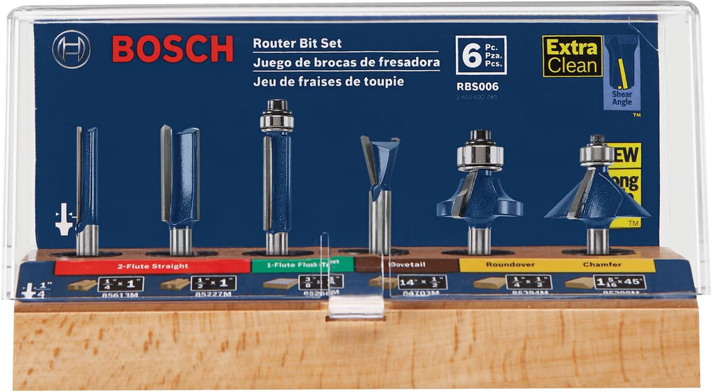 BOSCH RBS006 6-Piece 1/4 in. Shank Carbide-Tipped Multi-Purpose Router Bits Assorted Set with Included Storage Case for Applications in Straight, Trimming, Decorative Edging, Dovetail Joinery