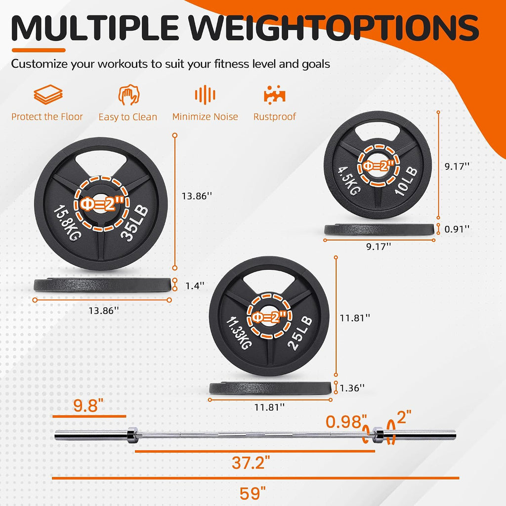 Signature Fitness 2-Inch Cast Iron Barbell Set, Including Multiple LBS Weight Plates and 6FT Barbell Set, Multiple