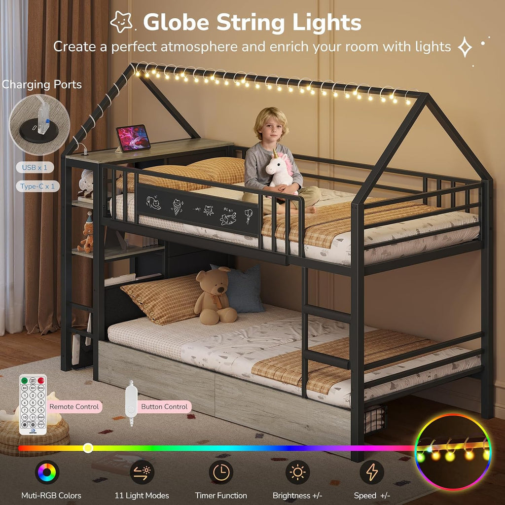 Twin Bunk Bed for Kids with 6 Storage Drawers, Montessori Bookshelf, House Shaped Bed with Globe String Lights and USB Ports, Metal Low Bunk Bed Twin Over Twin with Safety Guardrail and Ladder, Black